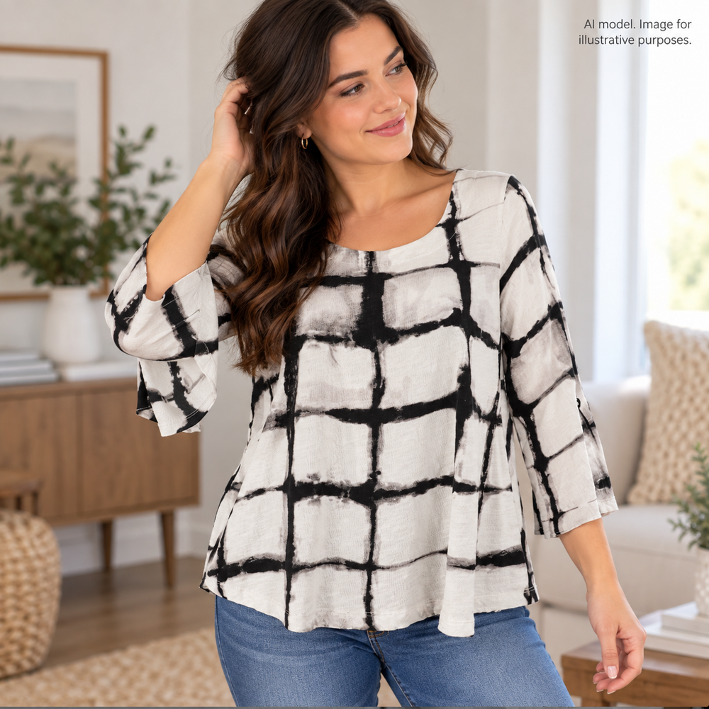Habitat Shirt Womens Small White Black Tie Dye Square Art to Wear Boho Soft Slub